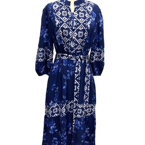 CELINA MOON BOHO BLUE PRINTED 3/4 SLEEVES BELTED MIDI DRESS SIZE L $259